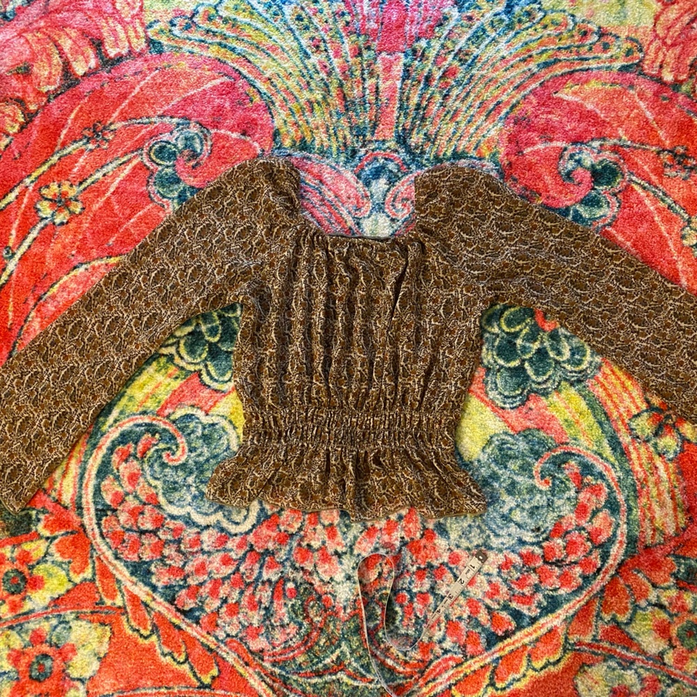 RAG cinch-waist, off the shoulder/ square neck brown silk long, bell-sleeve Top